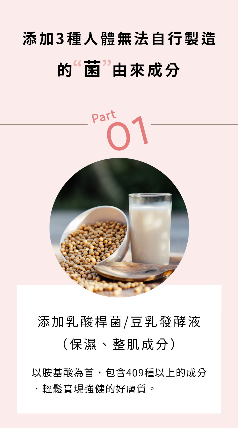 添加3種人體無法自行製造的菌由來成分 1.添加乳酸桿菌/豆乳發酵液