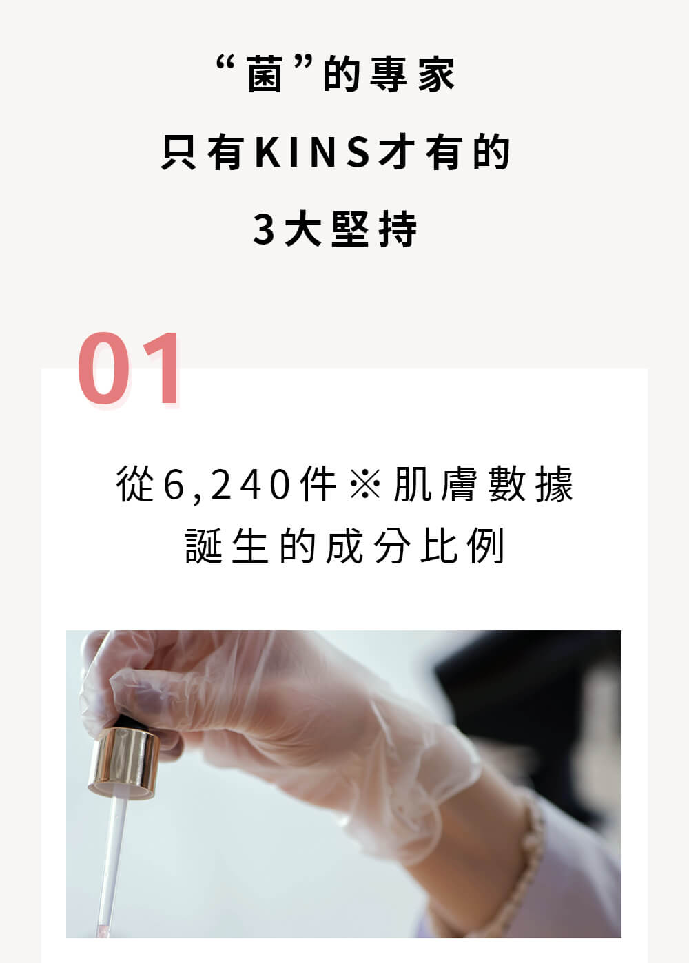 菌的專家 只有KINS才有的3大堅持 1.從6240件肌膚數據誕生的成分比例