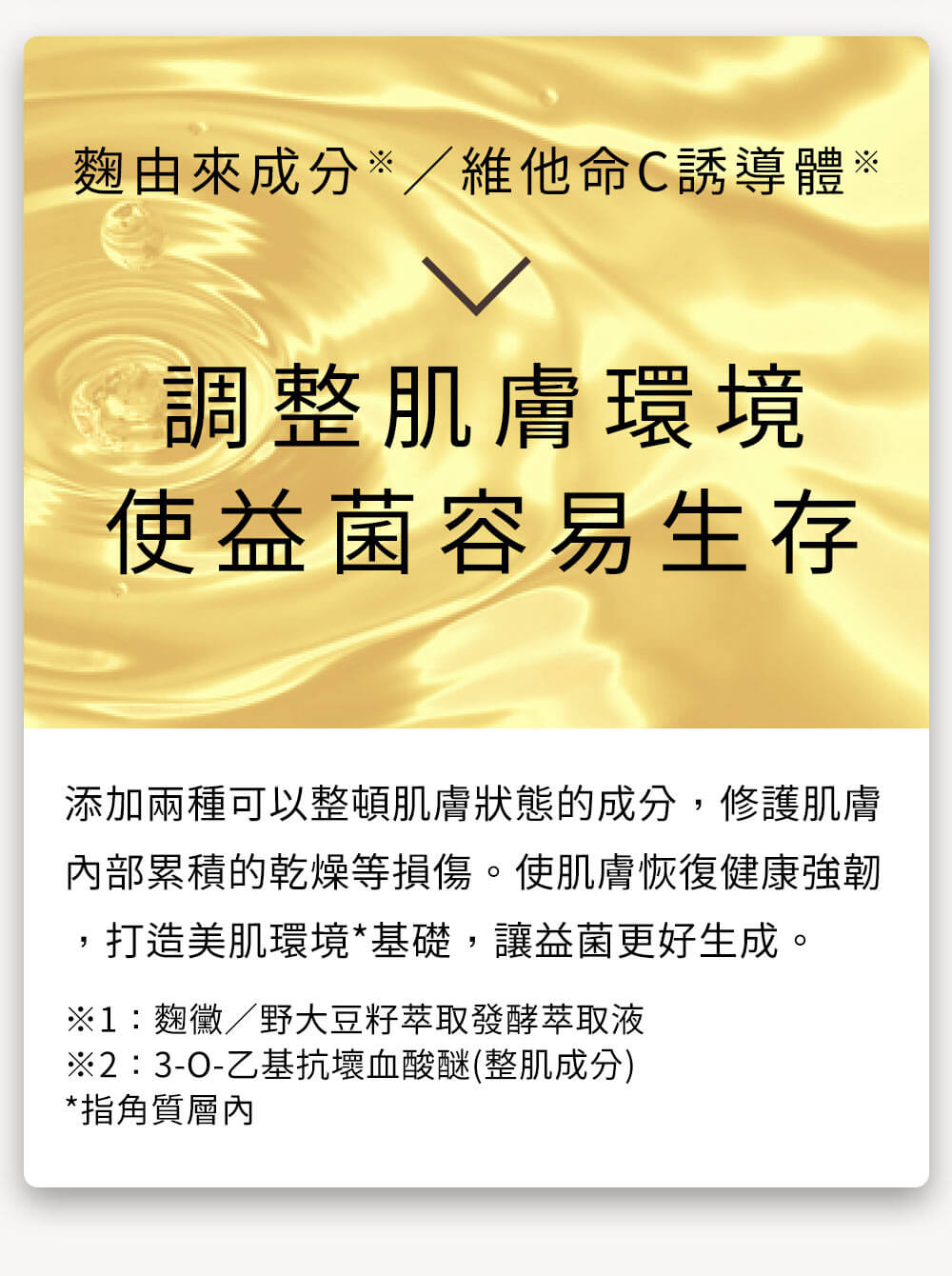 益菌保養、抗老。麴由來成分※1／維他命C誘導體 調整肌膚環境使益菌容易生存