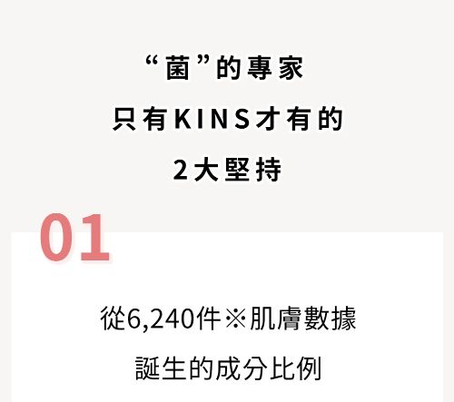 菌的專家 只有KINS才有的3大堅持 1.從6240件肌膚數據誕生的成分比例 2.調整pH值 打造菌叢偏好的環境